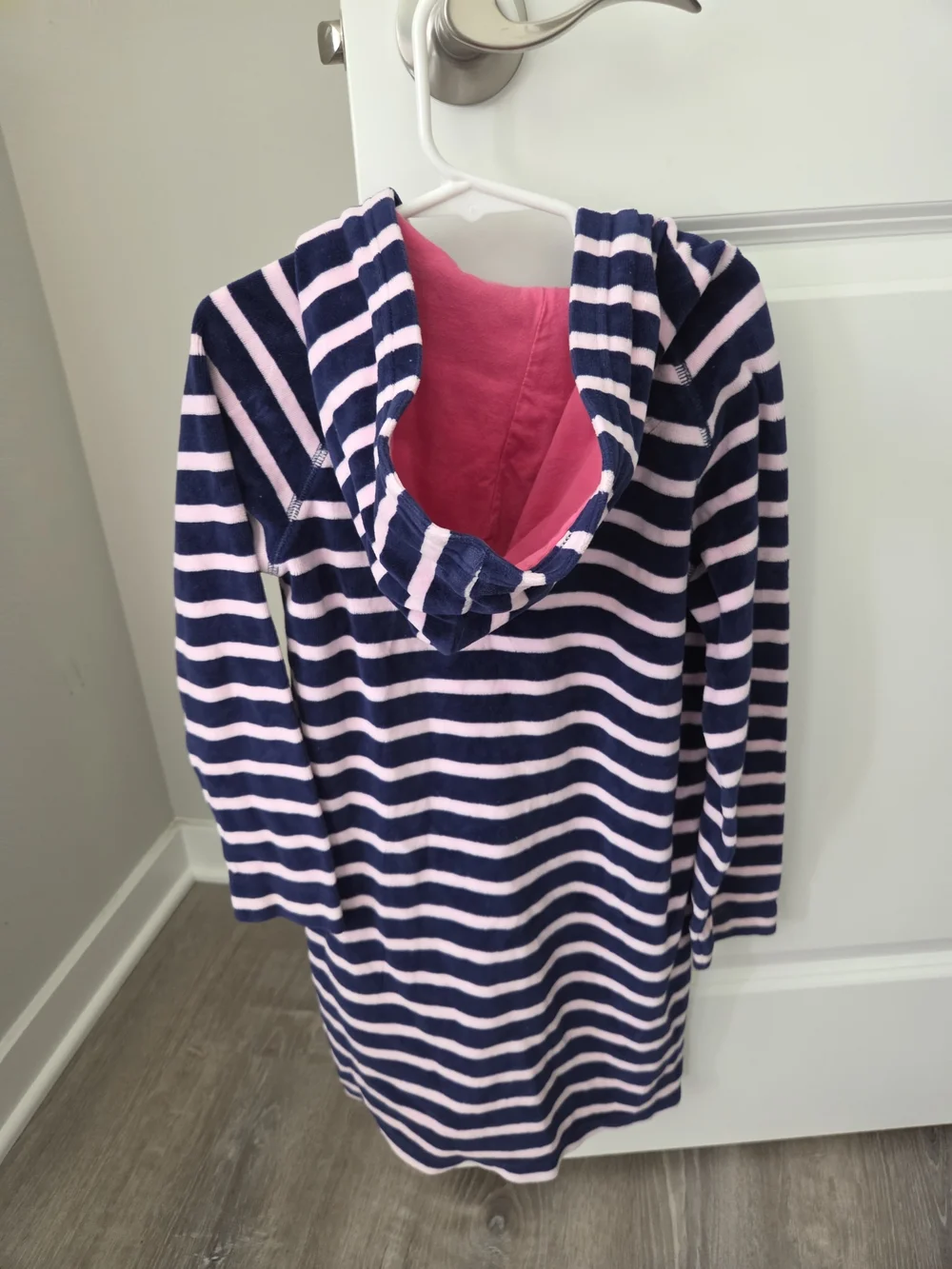 Mini Boden Girls' Navy and Pink Striped Hooded Velour Dress